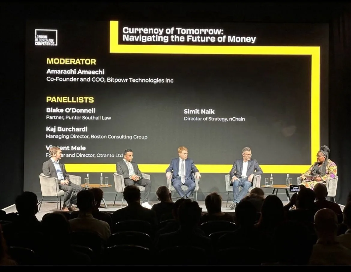 Blake O'Donnell speaking on the &lsquo;Currency of Tomorrow&rsquo; panel at the London Blockchain Conference